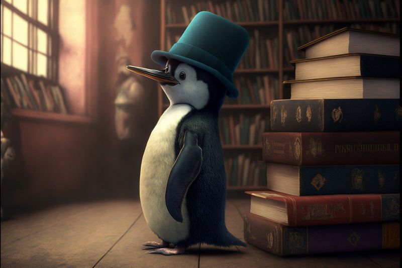 An illustration of a penguin wearing a top hat, standing in a booksshop
