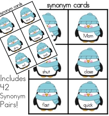 synonym word cards with penguins as the backdrop, as an example of activities on synonyms 