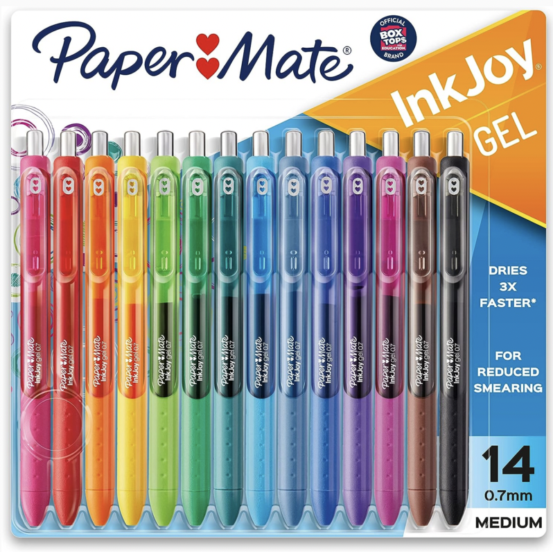 Package of colorful Paper Mate Ink Joy gel pens.