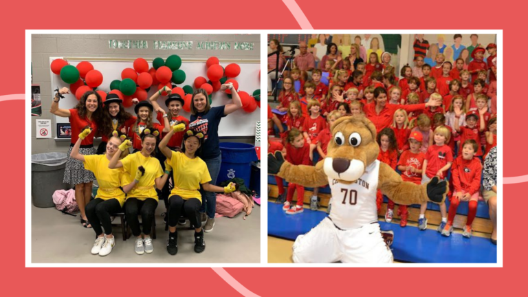 Examples of pep rally activities, including a bear mascot in a gym full of elementary students and high school students dressed up for a lip sync contest.