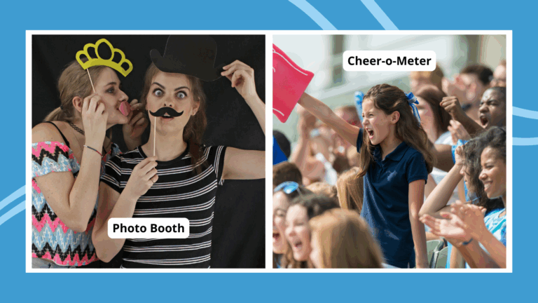 Examples of pep rally activities, including students with fake mustaches in a photo booth and the crowd celebrating during a cheering contest.