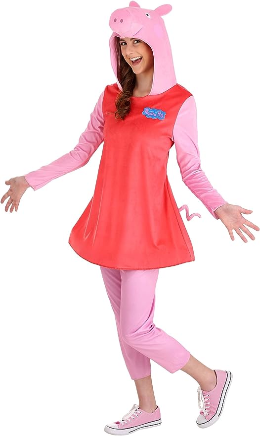 A woman is seen in a pig costume that includes a red dress.- book character costume