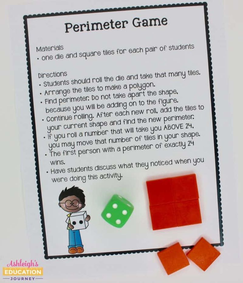 Perimeter Game worksheet describing the rules of the game, with a pair of dice and shape blocks
