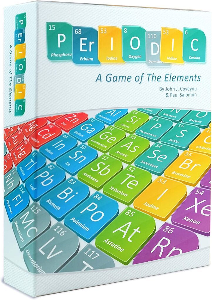 A box shows tiles with the periodic element symbols on it. (educational board games)
