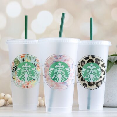 Personalized Starbucks Cold Cups with patterned print around the Starbucks logo