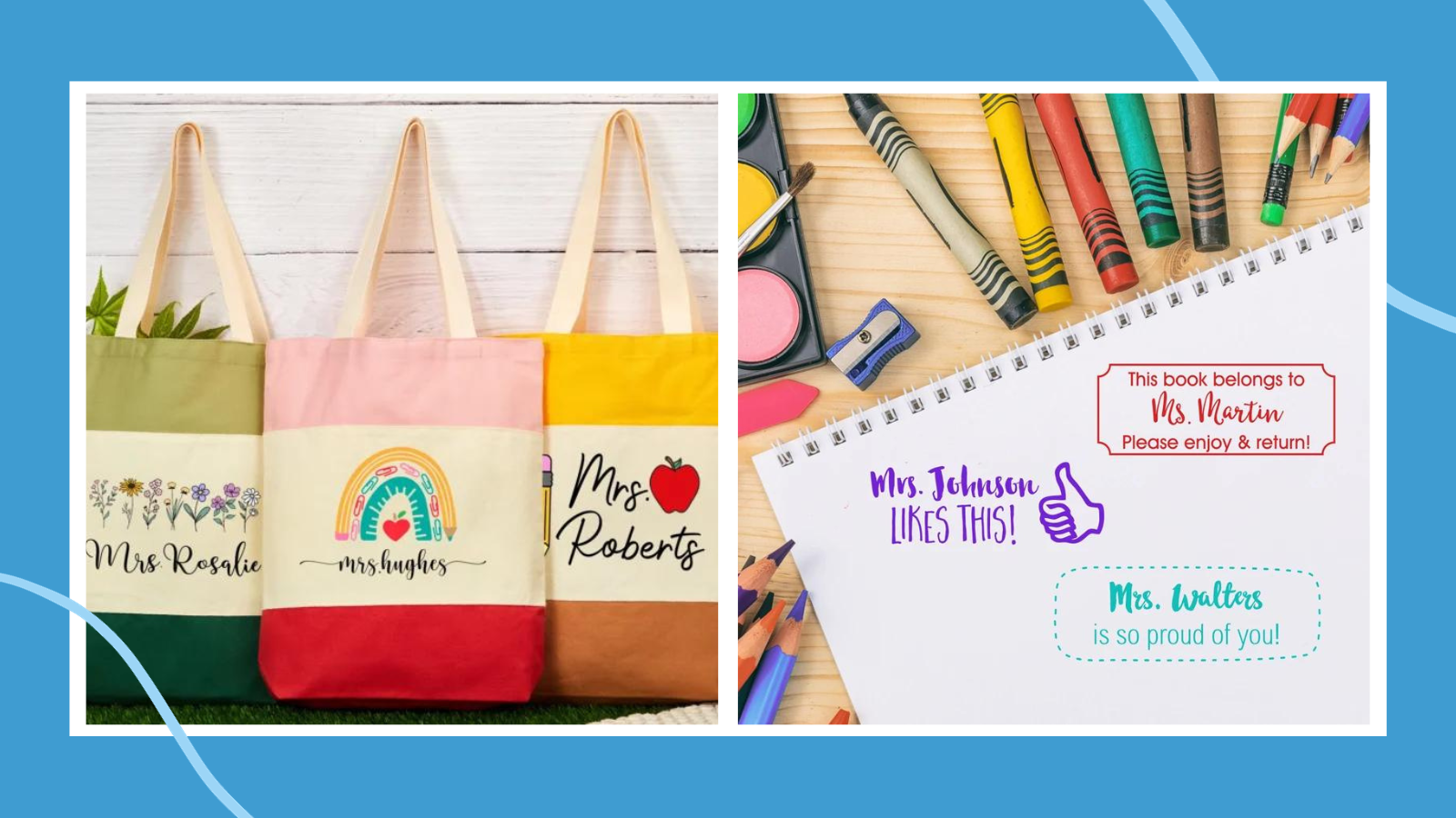 Personalized teacher gifts including tote bags and rubber stamps.