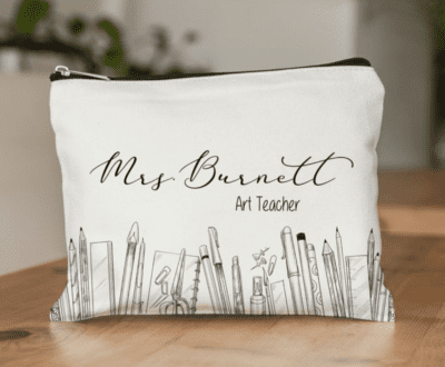 Cute teacher pencil pouch with Personalized name and grade with pictures of school supplies