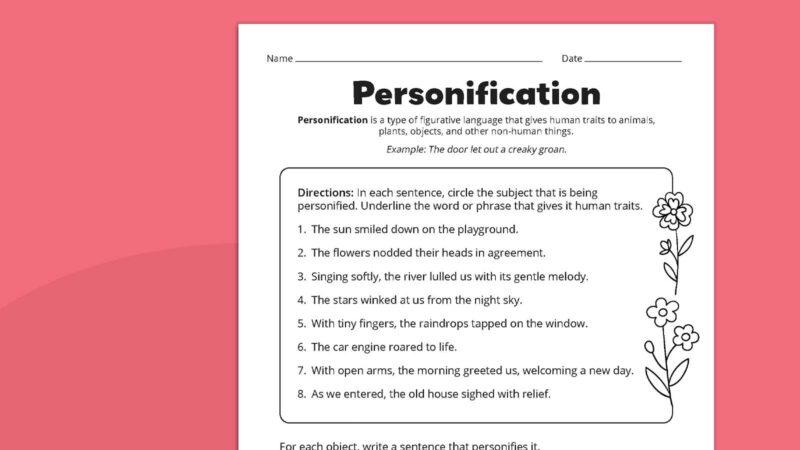 Flat lay of personification worksheet