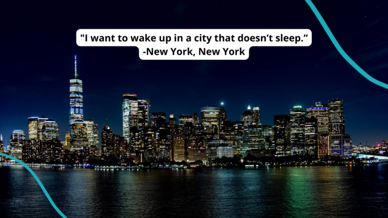 New York City skyline at night. Text reads ""I want to wake up in a city / That doesn’t sleep." -New York, New York"