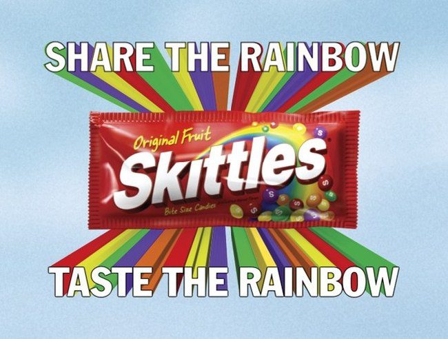 Bag of Skittles candy against a blue background. Text reads "Share the rainbow, taste the rainbow" (Persuasive Writing Examples)