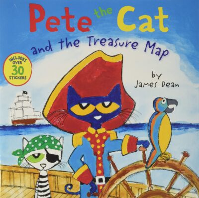 Book cover of Pete the Cat and the Treasure Map by James Dean with illustration of Pete the Cat wearing a pirate outfit and steering a boat with a parrot on the wheel, as an example of cat books for kids