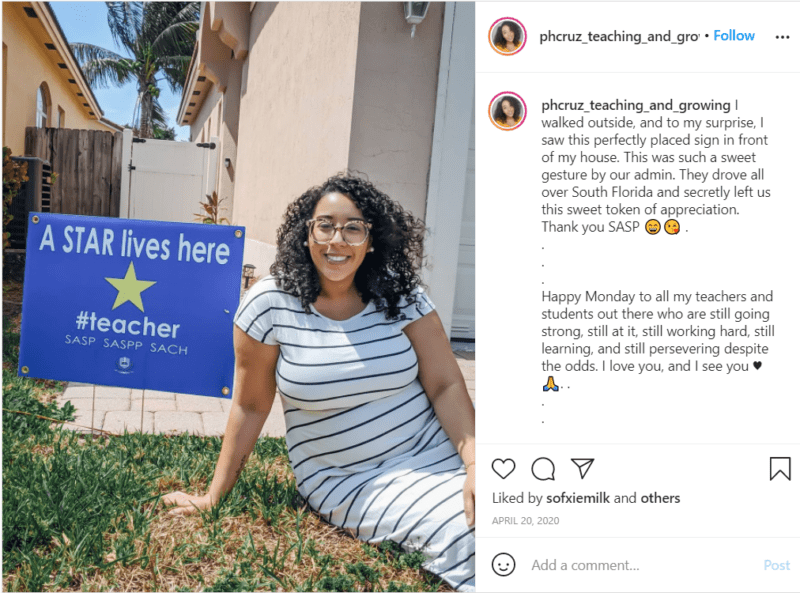 Still of Instagram post sharing virtual teacher appreciation yard sign