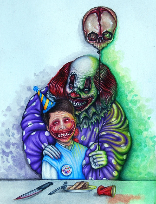 A drawing of a clown standing behind a boy. 
