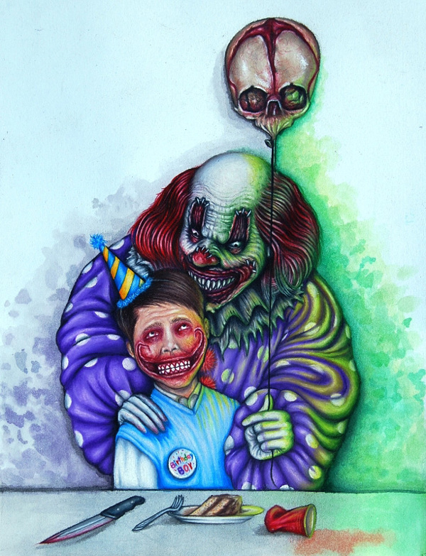 A drawing of a clown standing behind a boy.