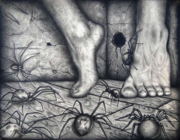 A black and white drawing of feet standing on the ground surrounded by spiders.