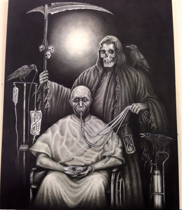 Drawing of a grim reaper standing behind a decrepit looking man. 