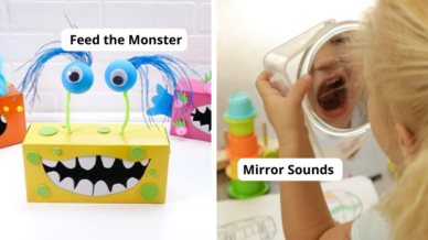 Examples of phonological awareness activities including Feed the Monster and Mirror Sounds.