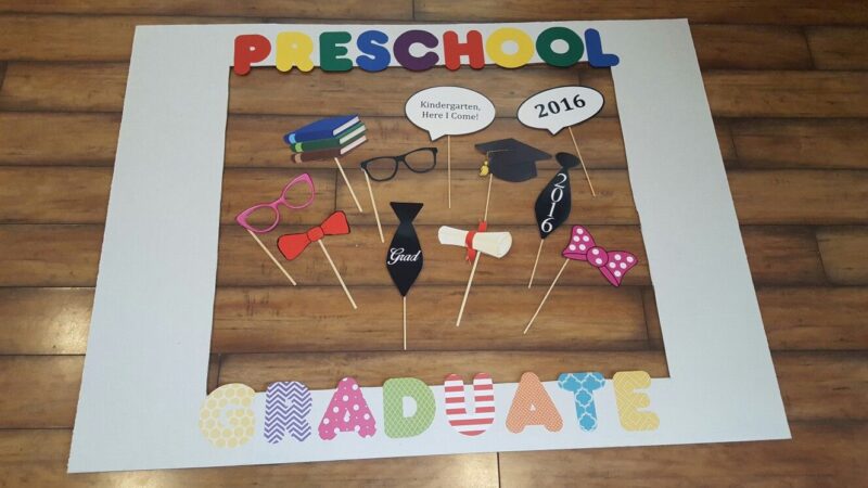 Preschool graduation ideas include acvitities like a photo booth with props like the ones pictured (bow tie, glasses, etc.) and a large fram that says Preschool Graduate