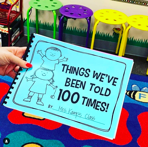 100th Day of school ideas: a homemade classroom book entitled things we've been told 100 times!