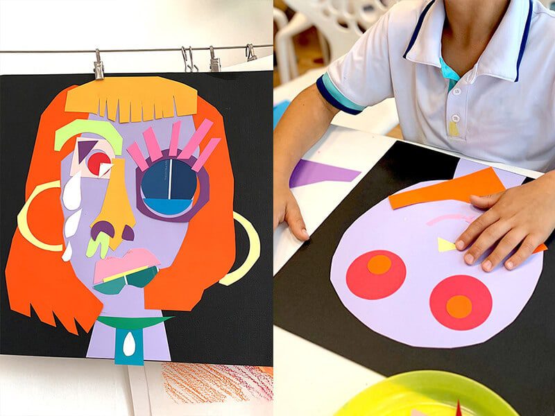 The left image shows a face that has been assembled from different shapes and colored paper for features. The right side shows a child working on their collage (third grade art projects)