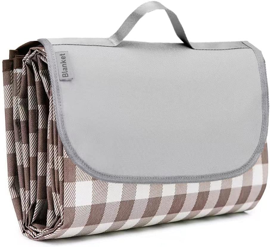 Brown gingham foldable picnic blanket with carrying handle