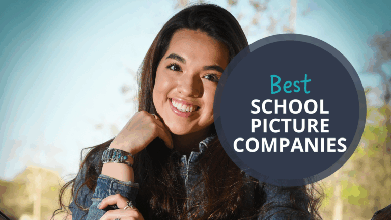 Young child smiling for a portrait against a blue background. Text reads Best School Picture Companies.