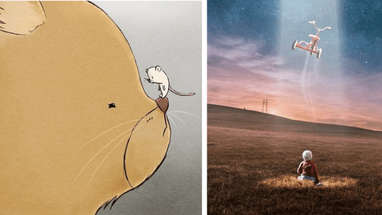 Illustration of bear with mouse on its nose and photo of boy standing in a field and looking up at a flying tricycle as examples of picture writing prompts