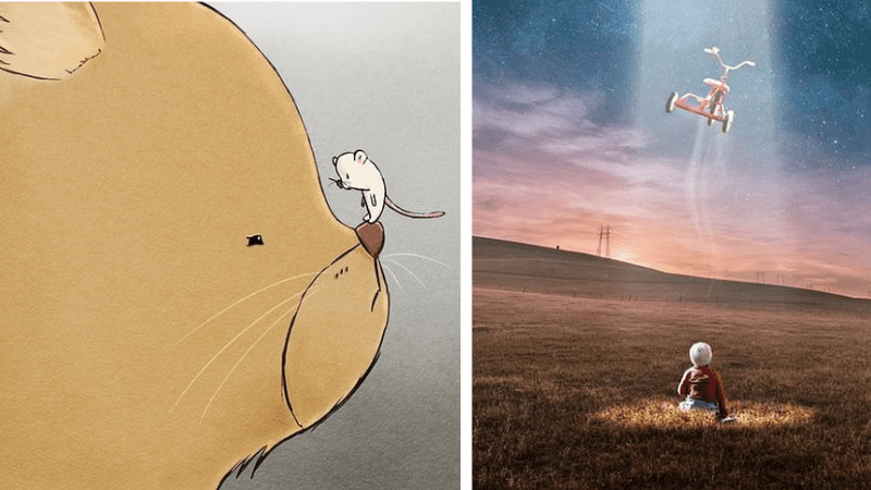Illustration of bear with mouse on its nose and photo of boy standing in a field and looking up at a flying tricycle as examples of picture writing prompts