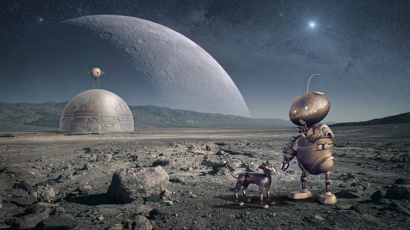 A space scene showing a robot and robot dog standing on the surface of an alien planet, with a domed habitat behind them