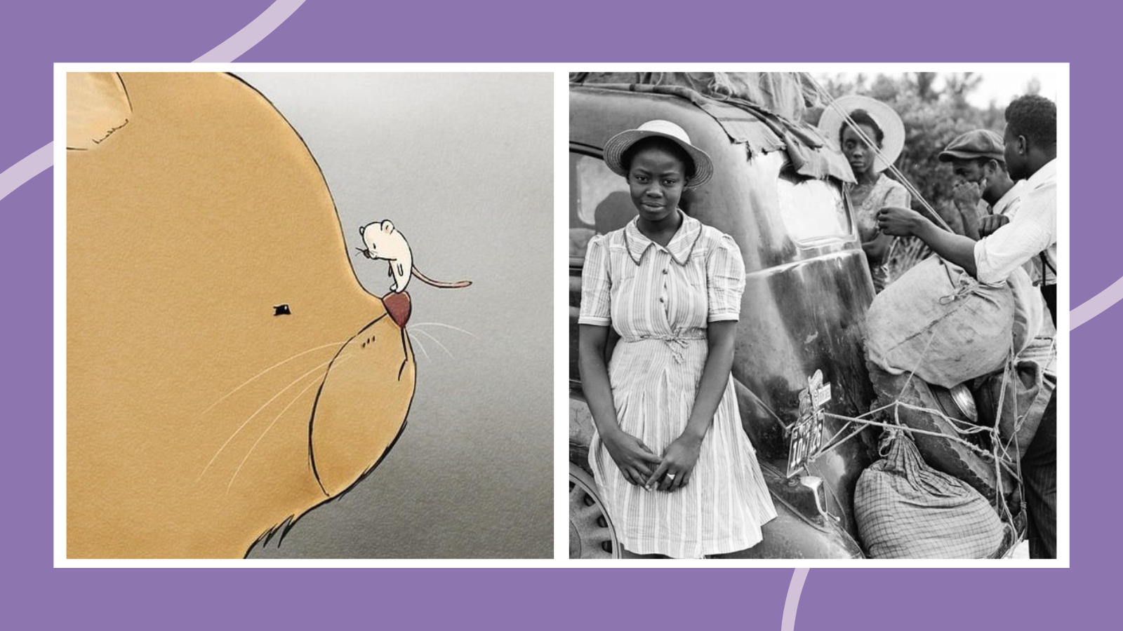 Picture writing prompts including a cartoon cat and mouse and a portrait of a Black family from the 1930s