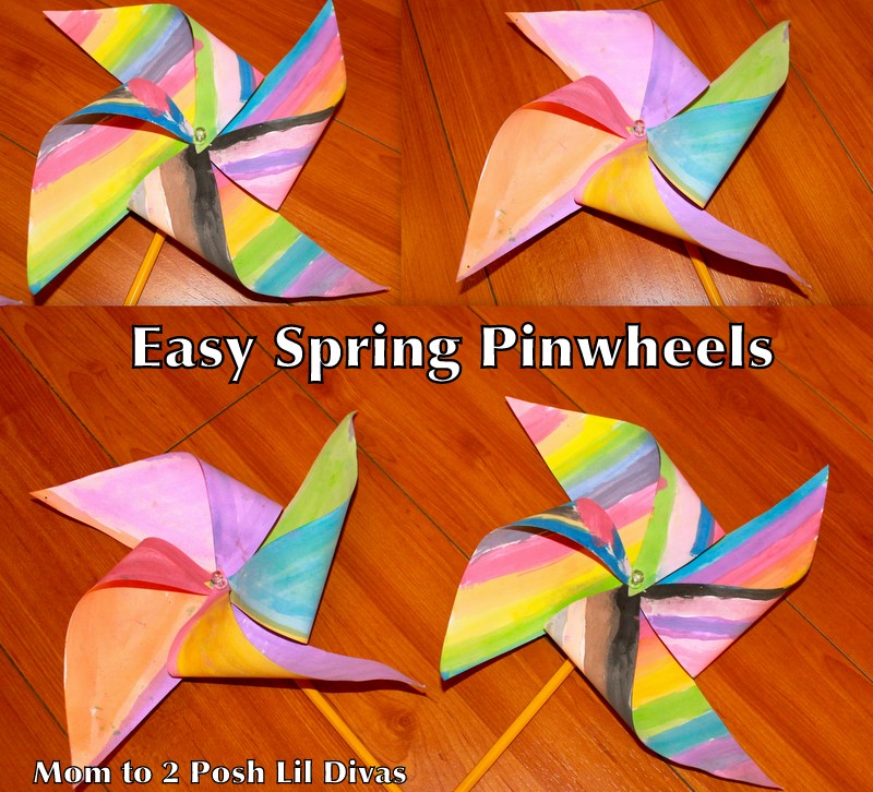 Four different pastel colored pinwheels are shown. The text reads Easy Spring Pinwheels.