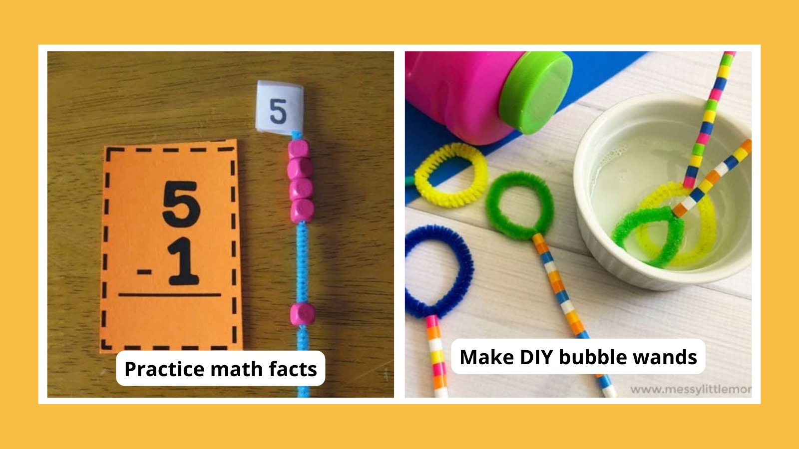 Pipe cleaner crafts and learning activities, including practicing math facts and DIY bubble wands.