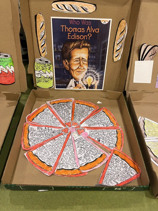 A pizza box decorated with a book cover and a paper pizza with book report details as an example of creative book report ideas