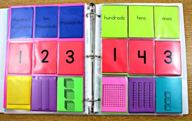 Clear pocket pages in a binder with place value headings and numbers