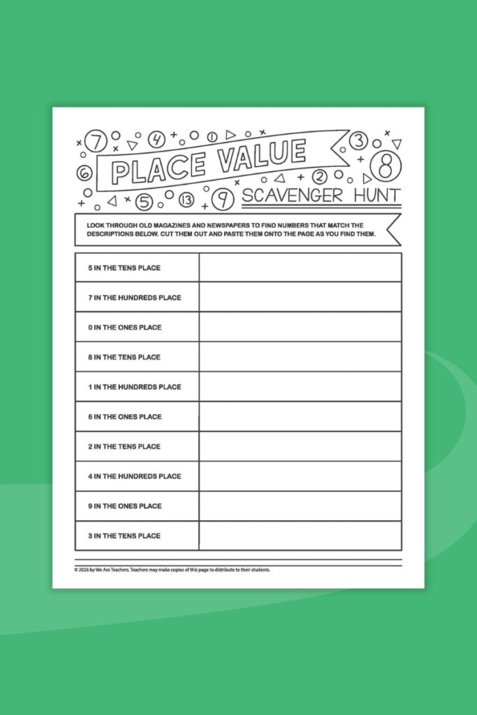 Place Value Scavenger Hunt Flat lay of a place value scavenger hunt worksheet on a green background