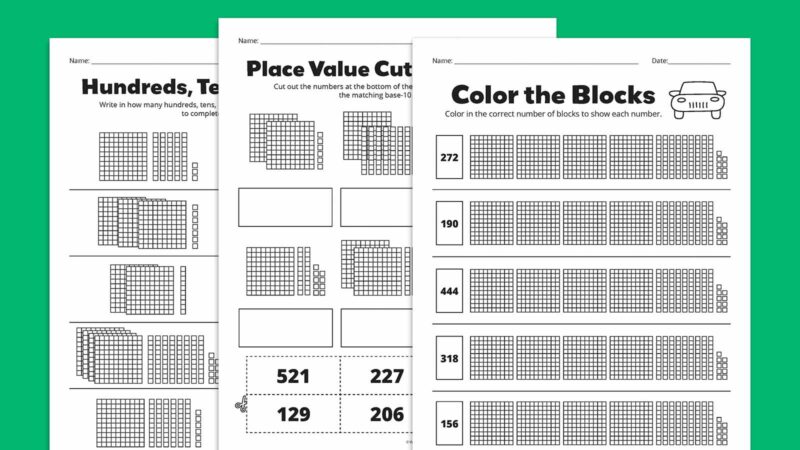 Flat lays of place value worksheets