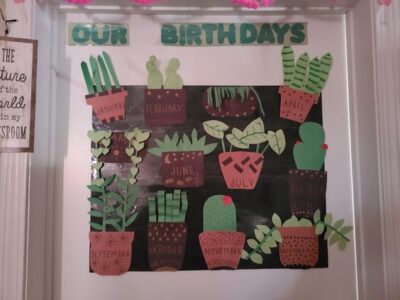 our birthdays plants in pots bulletin board idea 