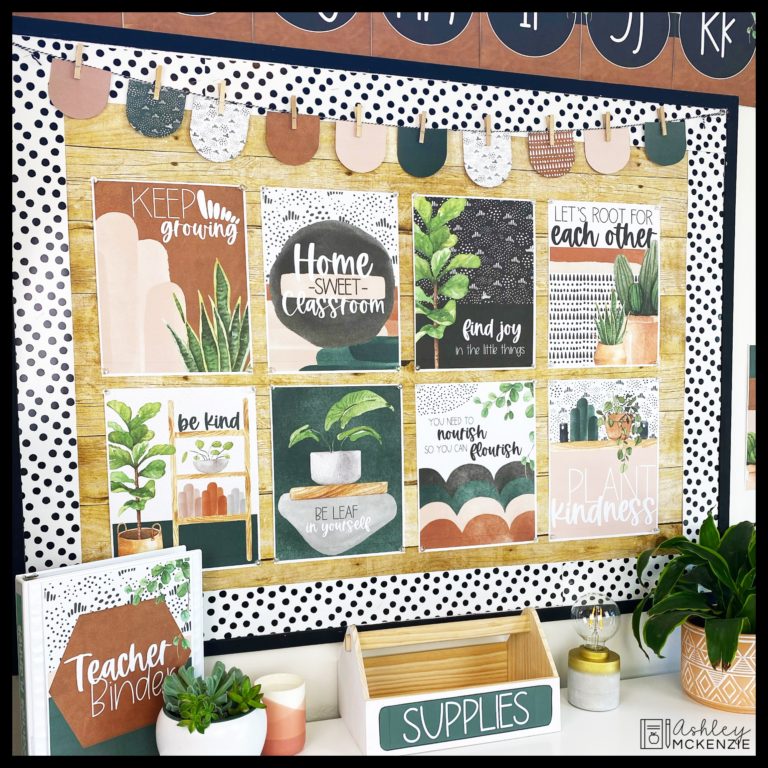 A bulletin board is covered in plant decor 