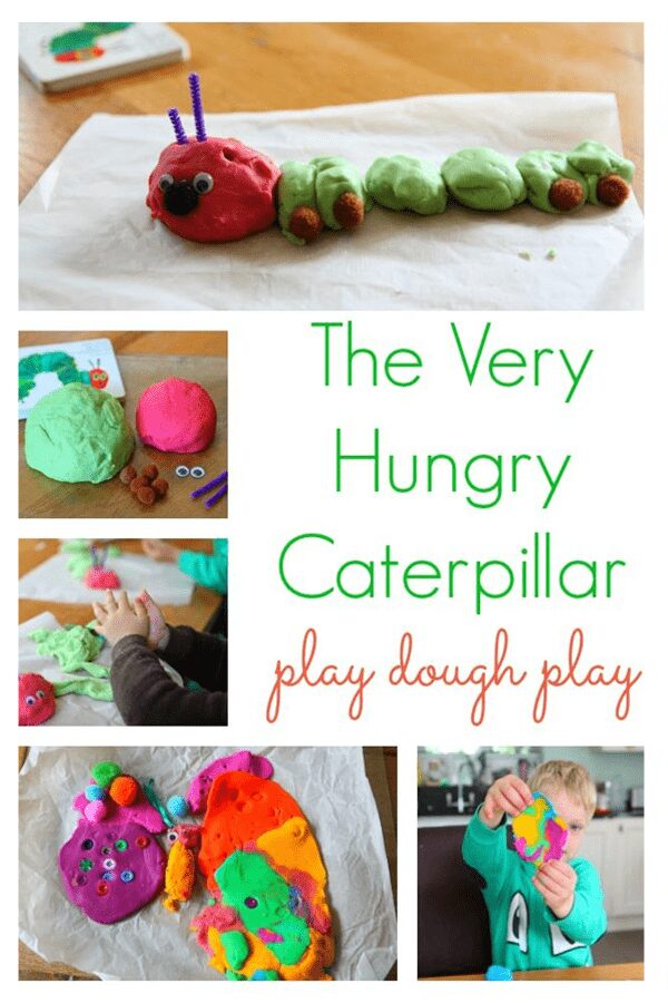 Five images are shown in a collage. Various scenes from the Very Hungry Caterpillar ar constructed from play dough.