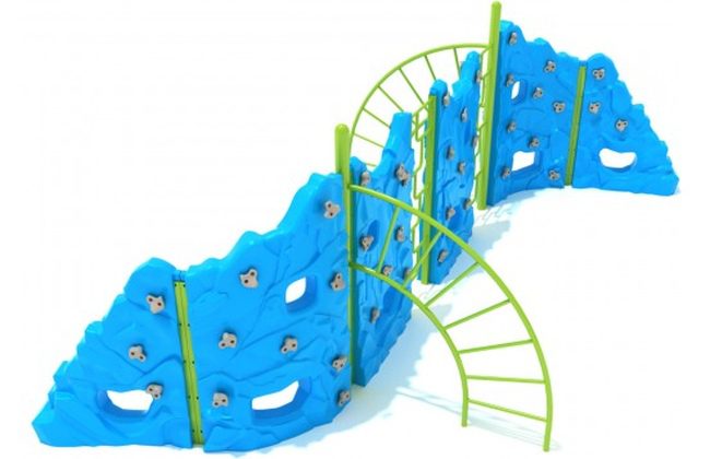 Blue climbing wall with curved ladder attachments (Playground Equipment for Schools)