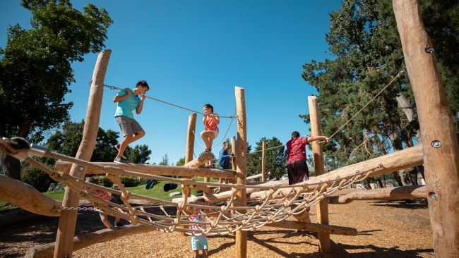 Children climbing on playground equipment build from natural logs and rope (Best Playground Equipment for Schools)
