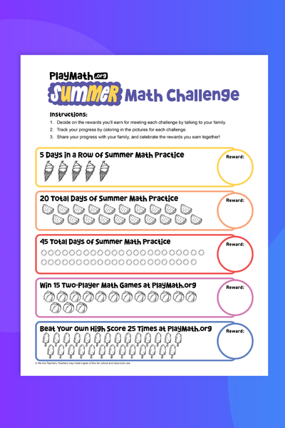PlayMath.org Summer Flyer Page 2 of a PlayMath.org summer flyer with a summer math challenge for kids