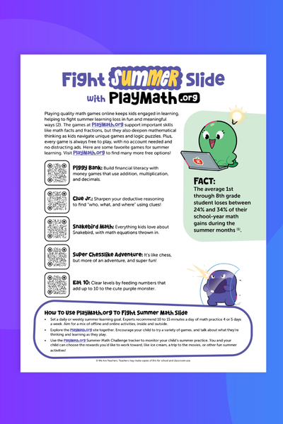PlayMath.org Summer Flyer Flat lay of page 1 of a summer flyer for PlayMath.org