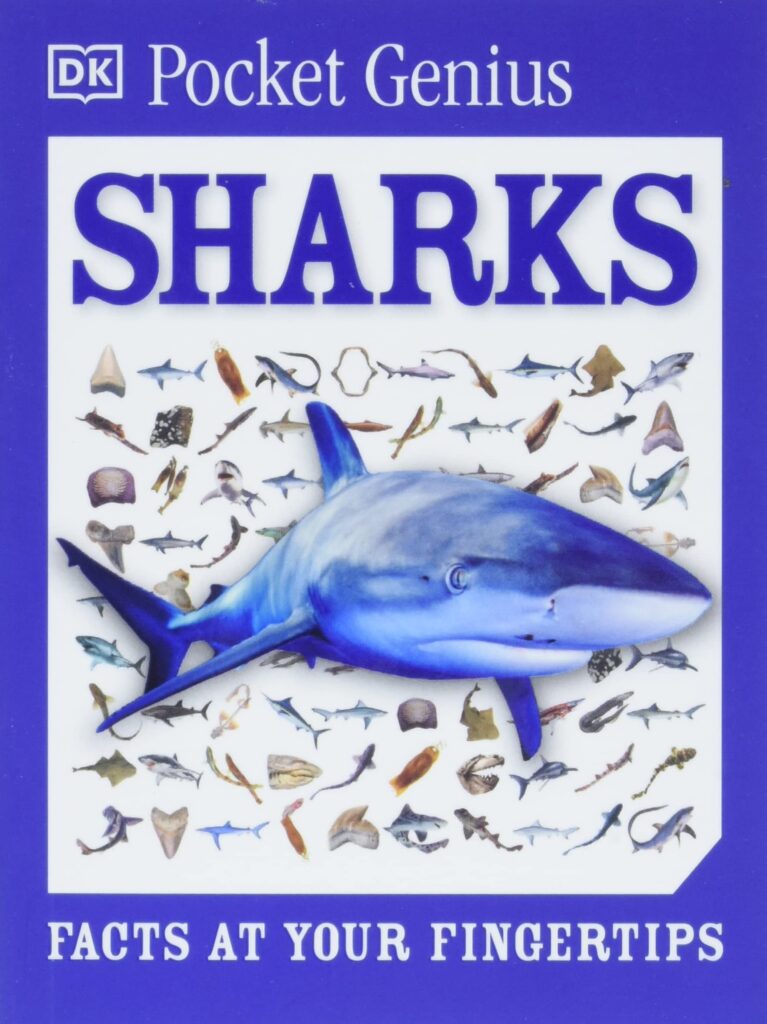 Book cover of Pocket Genius: Sharks: Facts at Your Fingertips by DK with illustrations of different types of sharks