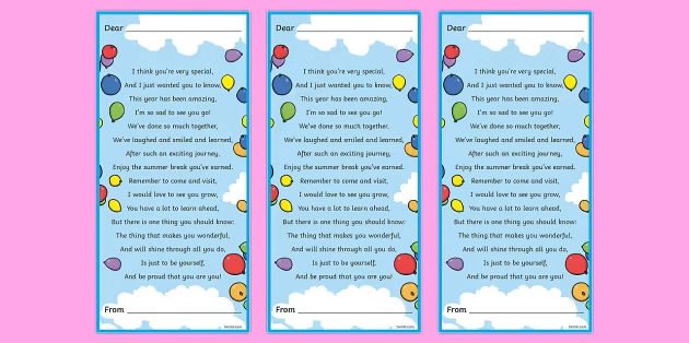 End of year poem on bookmarks with balloon illustrations on pink background.