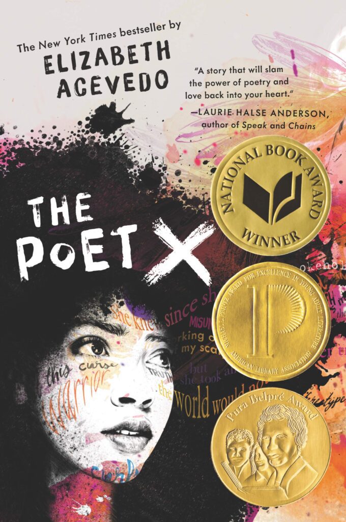 Book cover of The Poet X by Elizabeth Acevedo with illustration of a Hispanic woman's face.