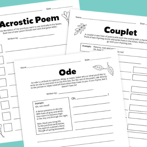 an image of three example worksheets in the poetry worksheet bundle