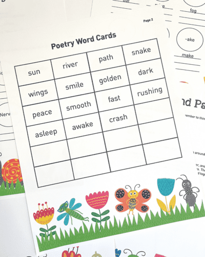 Printed out poetry sheets with "poetry word cards" listed on the front, as an example of free last day of school printables