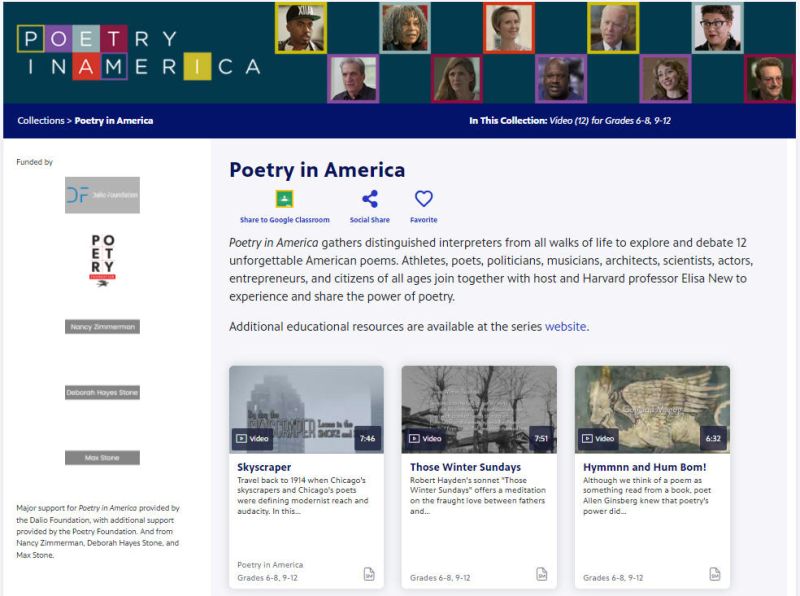 Screenshot of Poetry in America (Poetry Websites)