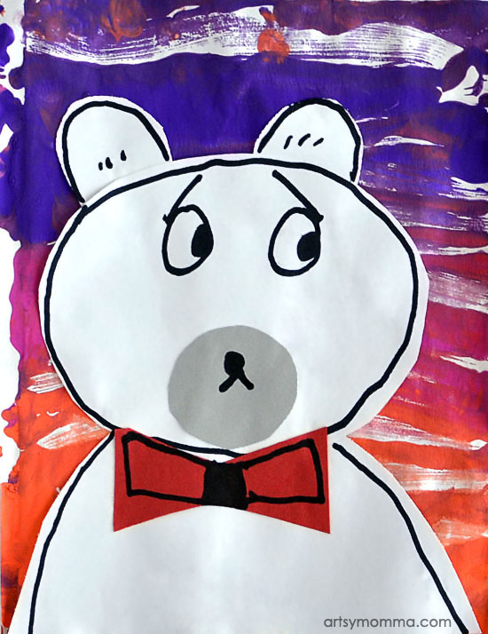 A painting of a worried looking polar bear (first grade art)